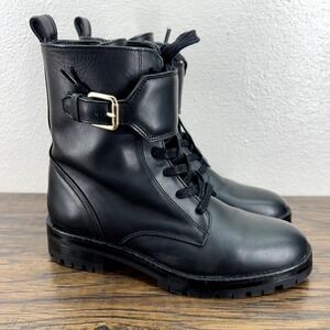 Massimo Dutti Womens Boots Size 5.5 EU 36 Black Leather Combat Lug Sole Buckle